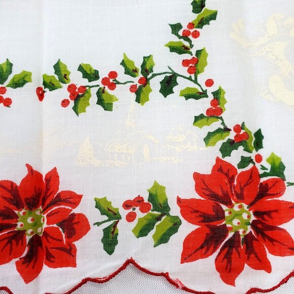 Vintage Christmas Poinsettia & Holly Handkerchief 13"x13" Square Cotton - Picture 4 of 9